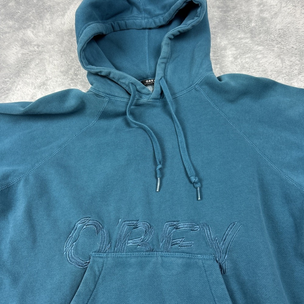 Obey Parkside Hoodie XS Embroidered Spell Out Tone on Tone Deep Ocean Blue
